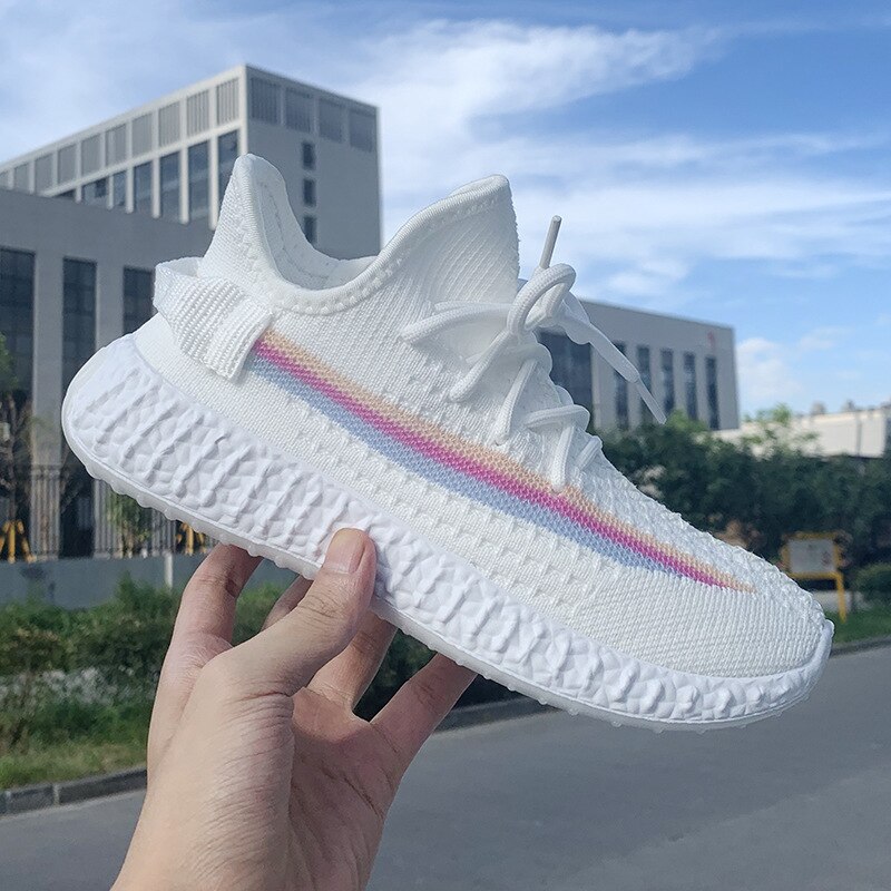 Lente- en herfst casual damesschoenen dames platte sneakers stoffen tennisschoenen gebreide ademende wandelschoenen: Wit / 38