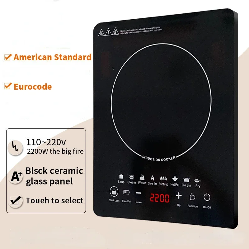 Estufa de inducción multifuncional para cocinar en casa, 110V ~ 220V, Control táctil, 2200W, cocina de inducción inteligente temporizable y ahorradora de energía