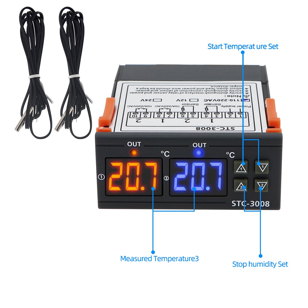 Controlador de temperatura Digital Dual STC-3008, termostato termorregulador de salida de dos relés con refrigerador de calentador, 12V, 24V, 110-220V