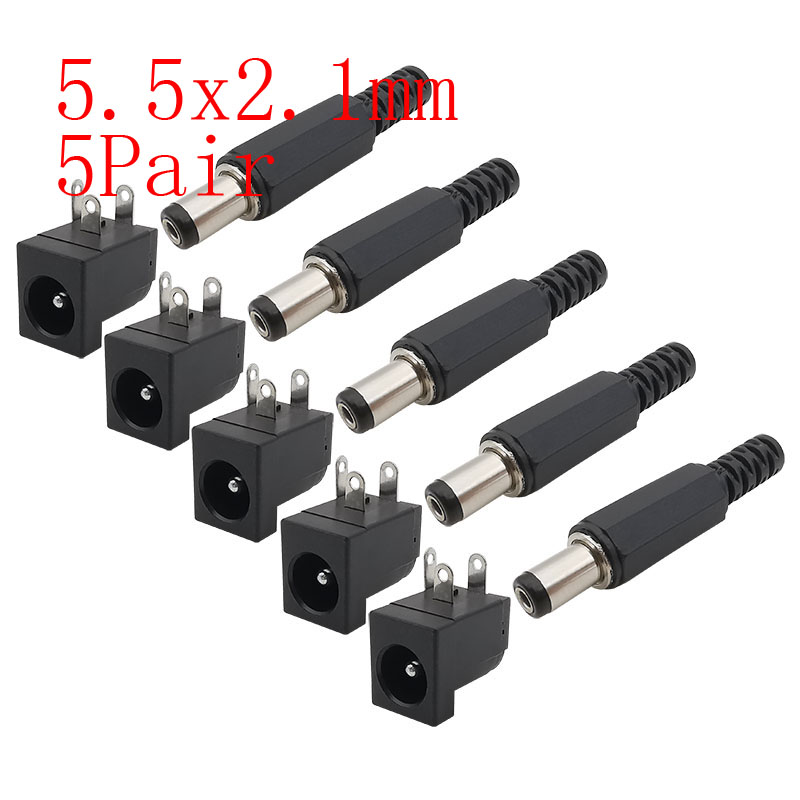10Pcs 5.5x2.1mm DC Power Male Female Adapter DC-022 DC-025M DC-005 DC-022B 5.5*2.1mm DC Power Supply Plug Jack Socket Connector: Silver
