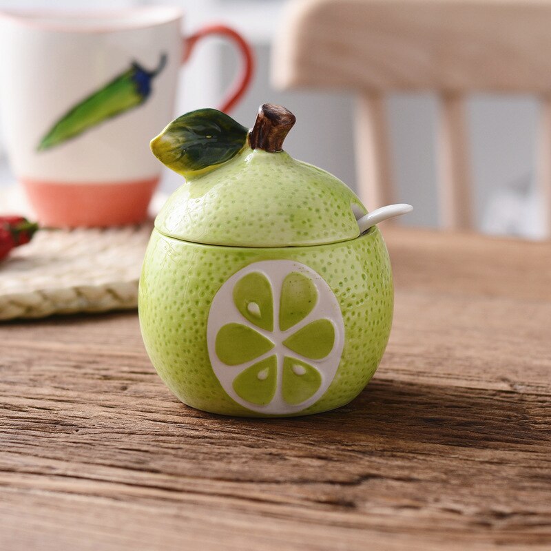 Cute Fruit Pomegranate Shape Condiment Bottle Ceramic Seasoning Bottle Jar with Cover Spoon Flavouring Container: Hamimelon