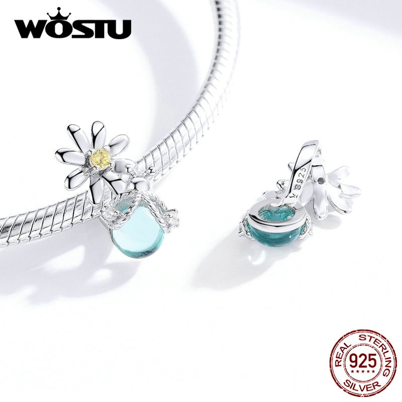 Wostu 925 sterling zilveren madeliefje bloem & vuurvliegjes kralen bedel past originele armband hanger fijn zilver 925 sieraden cqc 1369