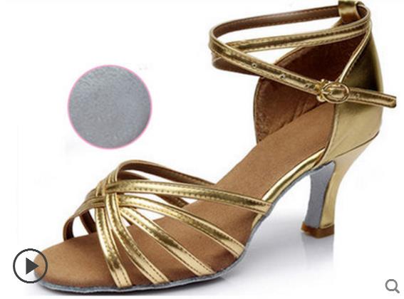 Vrouwen Latin Dans Schoenen Hoge Hakken Koeienhuid zachte bodem Black satin Sport schoen Latin Indoor Goedkope Meisje Beoefenen Grote Korting: GOLD heel 5.5 cm