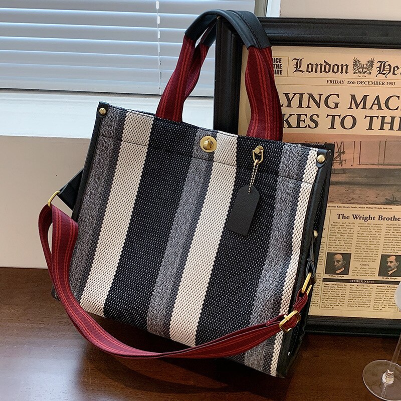 Mode Gestreepte Canvas Vrouwen Schoudertas Grote Capaciteit Shopper Tassen Voor Vrouwen Casual Brede Band Handtas Vrouwen Tas Pendelen tote: Black / small