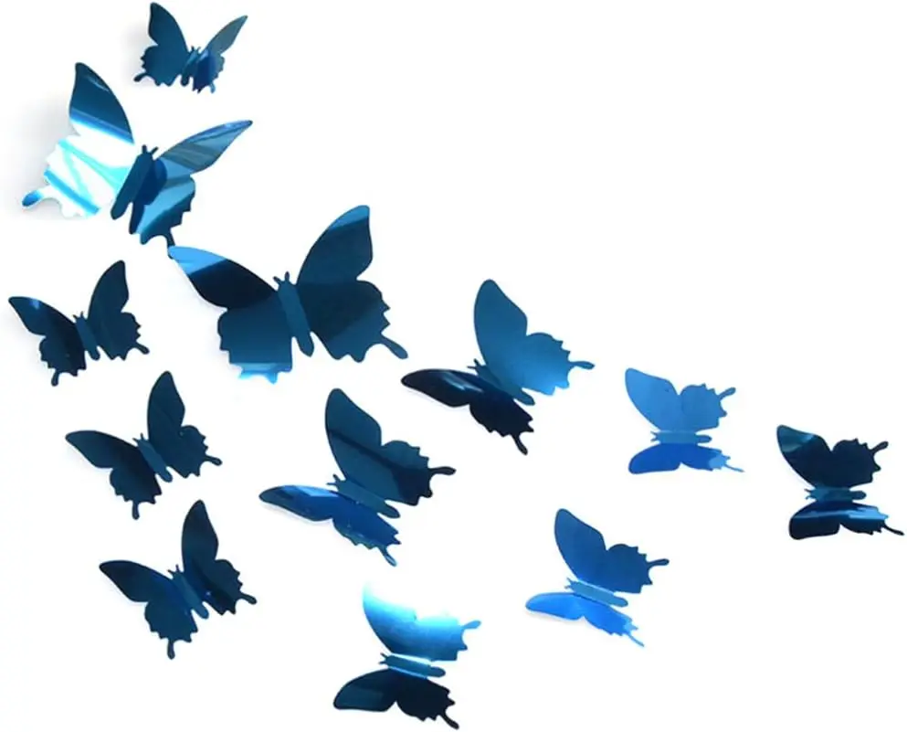 Pegatinas de pared de espejo de mariposa para niños, 12 piezas, calcomanía 3D DIY, arte para niños, pegatina para pegar, decoración del hogar, Fondo de dormitorio, de boda: Azul