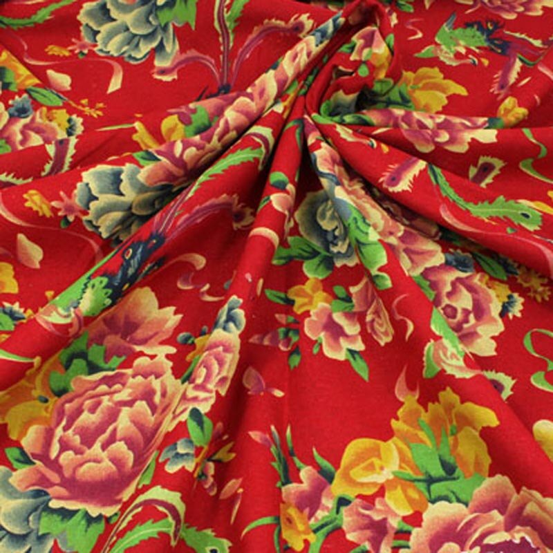 Tissu en coton/lin imprimé, fleur de pivoine Phoenix traditionnelle chinoise pour vêtements, textile de décoration patchwork: red / 200x140cm