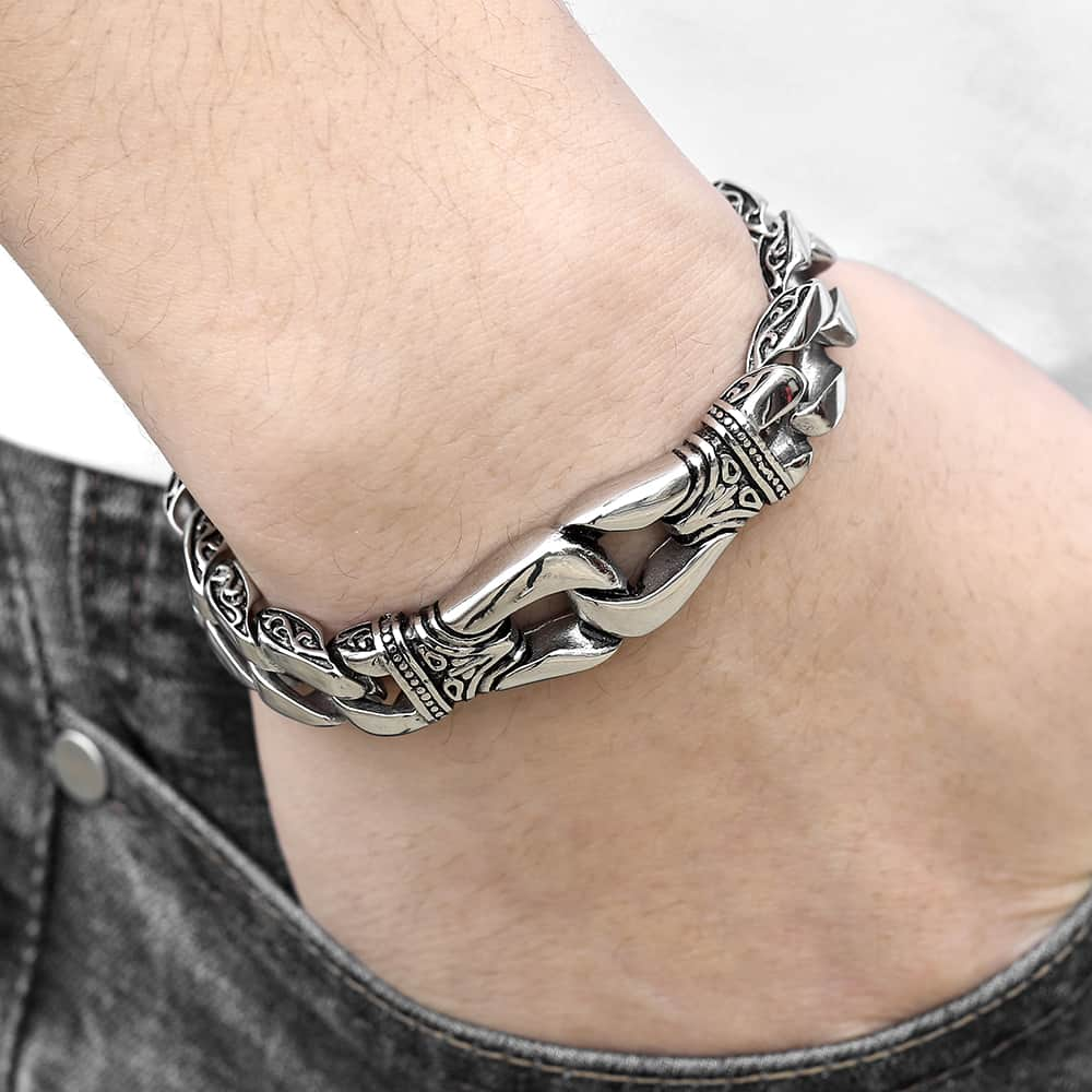 Mens Bracelet 316L Stainless Steel Silver Color Curved Curb Link Chain Bracelets for Men Davieslee Jewelry 15mm HB10