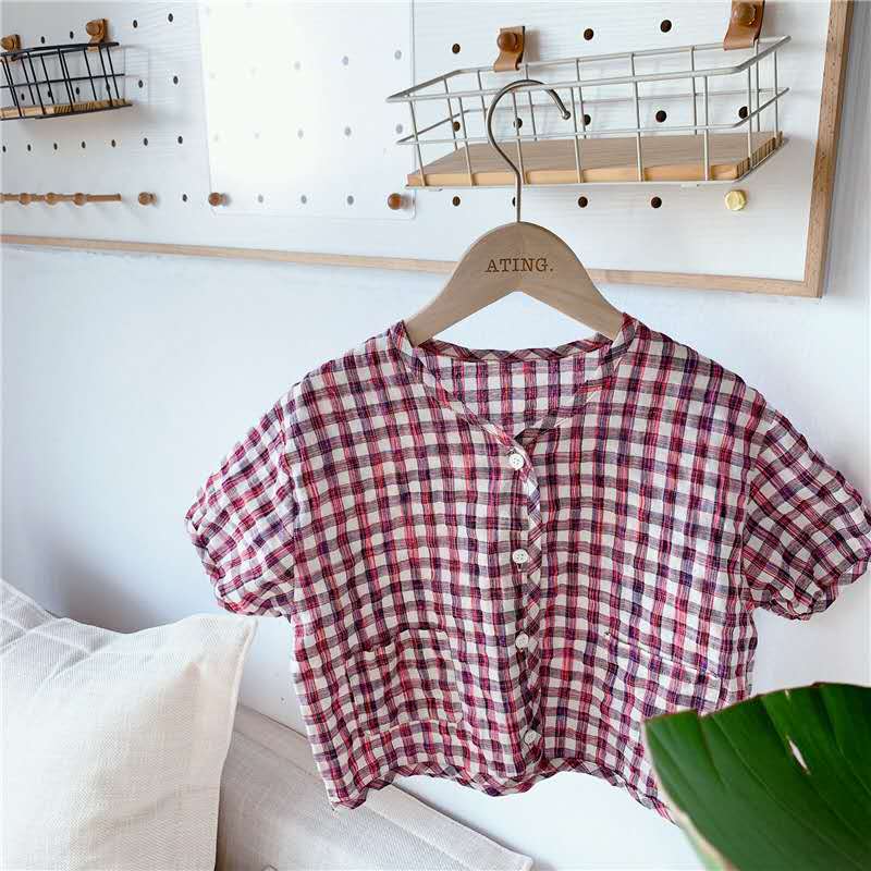 Vêtements pour enfants produits d'été filles été coréen chemise à manches courtes à carreaux à bulles d'été: Rouge / 80cm