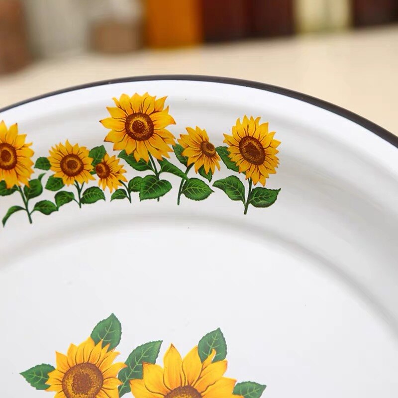 Plato grande de esmalte chino Vintage, plato de comida de fruta con patrón de rosa de girasol, contenedor, vajilla, utensilios de cocina