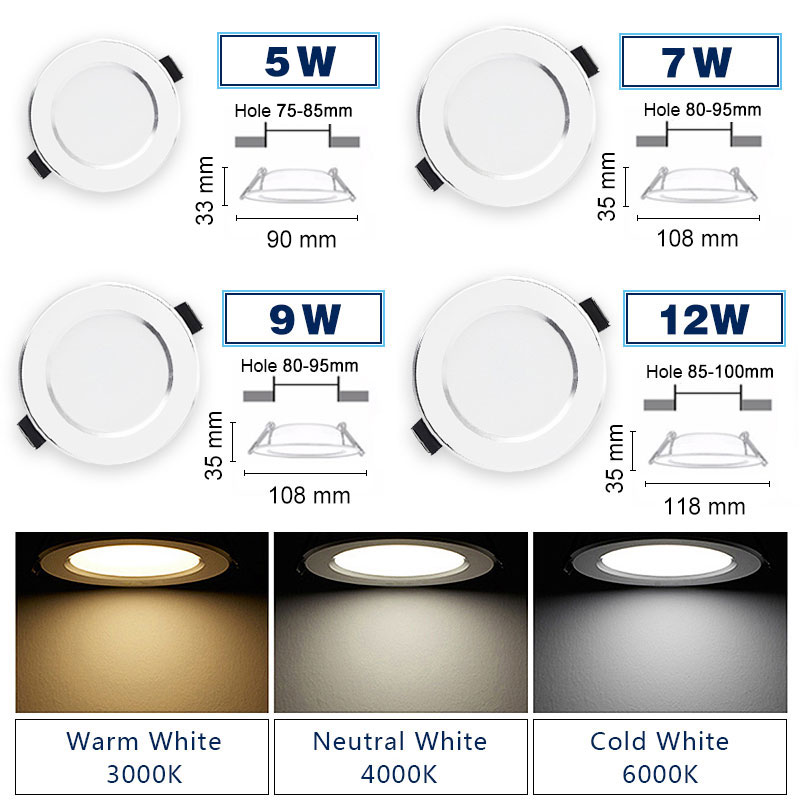 Led downlight naturlig hvid forsænket køkken badeværelse lampe 220v 230v 5w 7w 9w 12w led down lys varm hvid kølig hvid