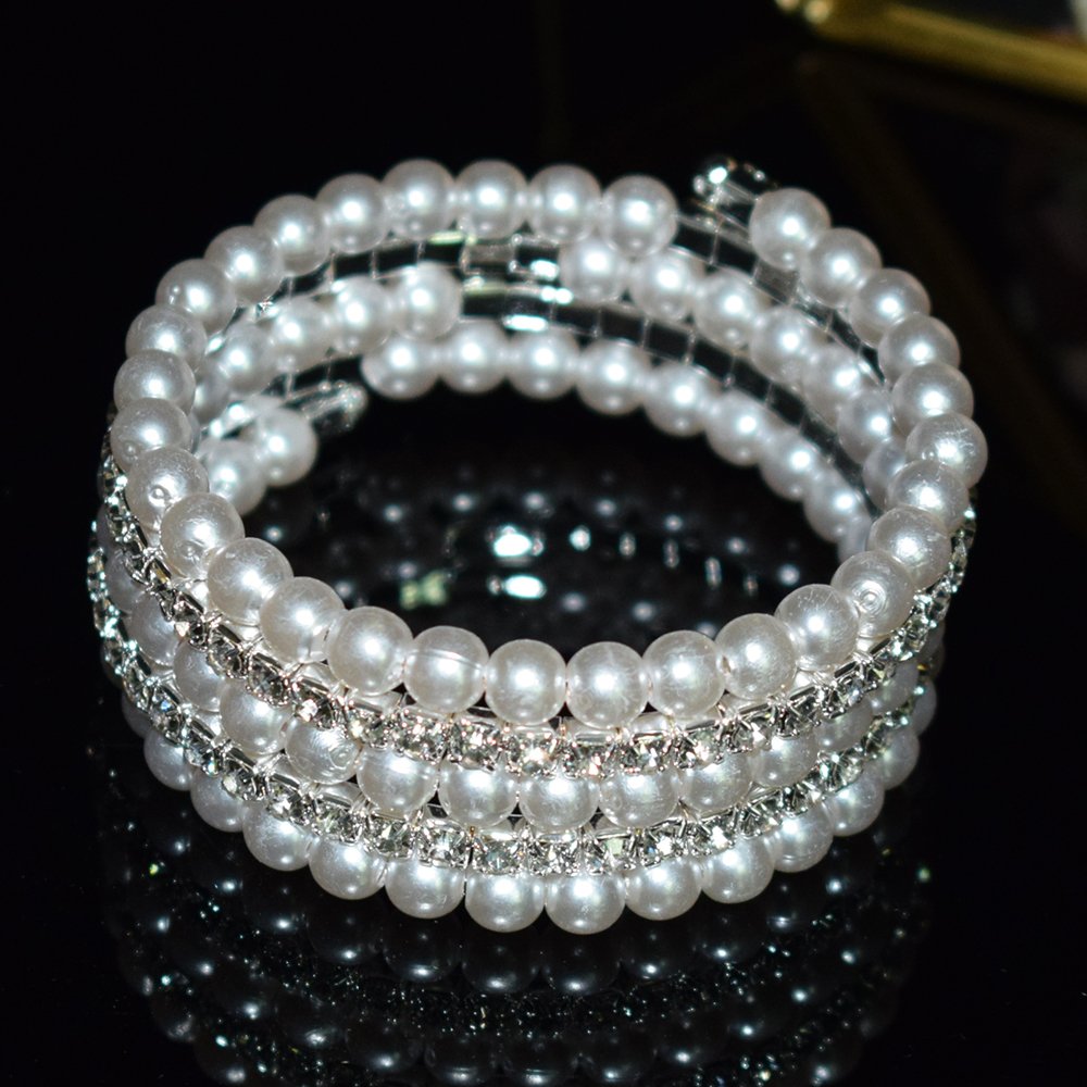 Elegante braccialetto di perle di cristallo multistrato estensibile braccialetto di perle per le donne polsini braccialetti strass gioielli da sposa Accessori: SL-1030-silver