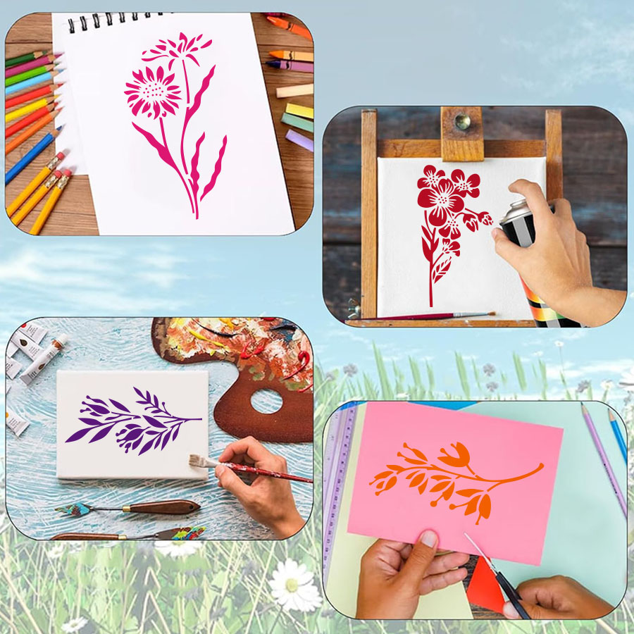 ** 18 plantillas de pintura de flores DIY, plantillas de plástico reutilizables para madera, tela, papel, pintura en aerosol y suministros para manualidades de grafiti