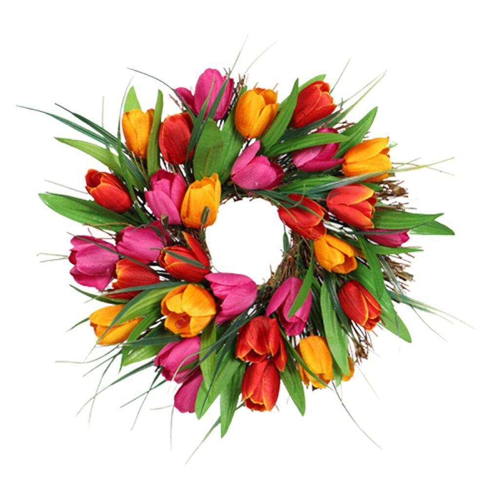 Tulip Wreath for Front Door Artificial Flower Tulip Floral Spring Wreath Red Yellow Tulip Wreaths for Front Door Party Wedding