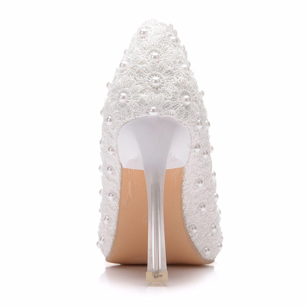Crystal Queen Wit Kant Hoge Hakken Trouwschoenen bruid Partij Schoenen Vrouwen Pompen Dames Hoge Hakken Bruids Schoenen