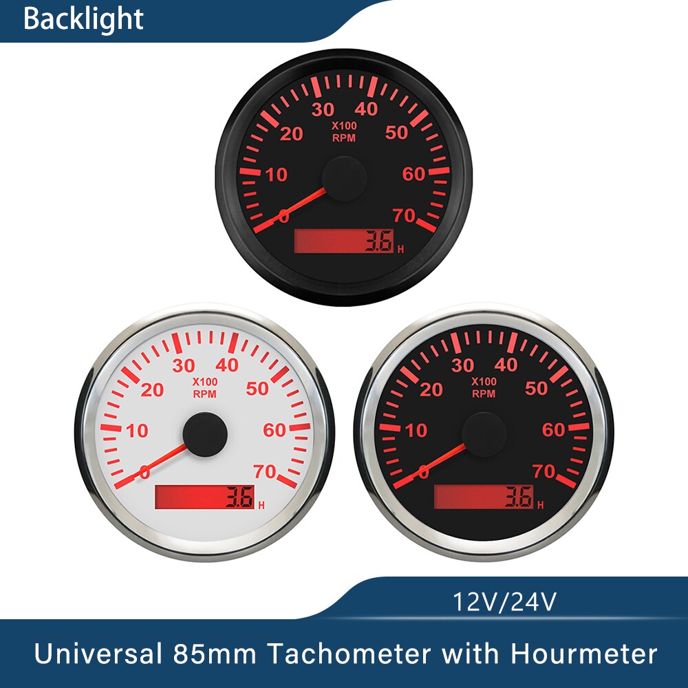 Waterproof 85mm Generator Tachometer RPM REV Counter 0-3000RPM with LED Hourmeter 12V/24V with Red Backlight