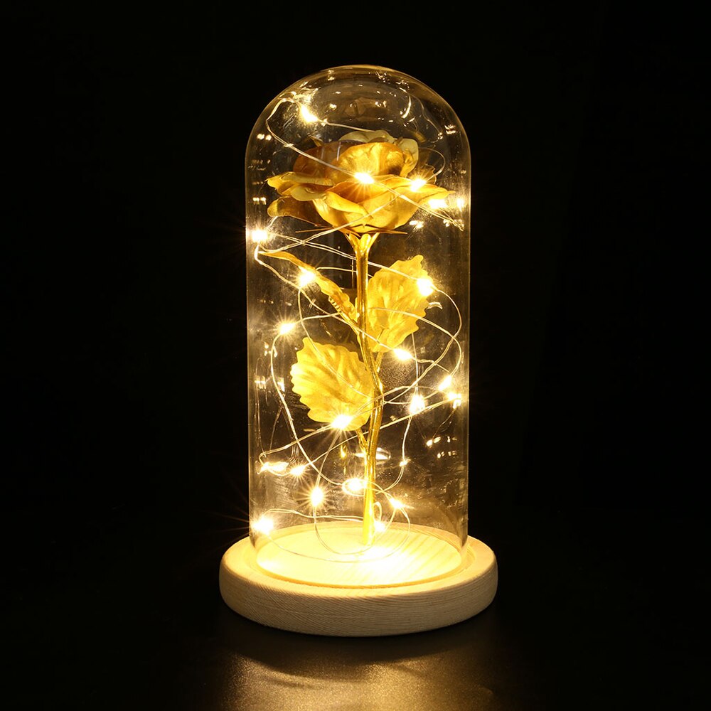 Fødselsdag smuk bevaret rose blomst led lys med glas cover træ base valentinsdag bryllup