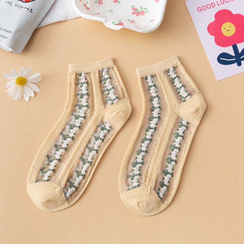 Spring and Summer Japan Style Small Flower Card Silk Retro Female Socks Glass Silk Broken Flower Mid- Tube Casual Sox: Yellow