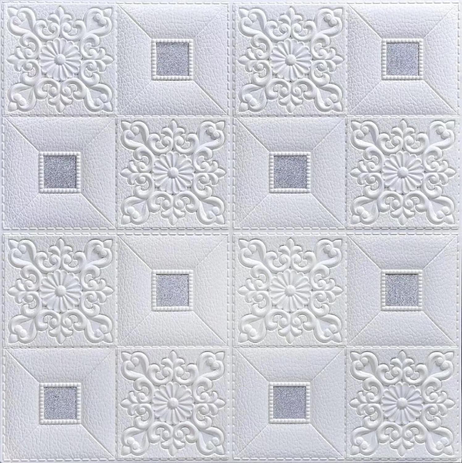 3D Wall Stickers ceiling sticker roof decoration Foam wallpaper stereo waterproof DIY TV background wallpaper decoration sticker: white silver / 1pcs 70X70cm