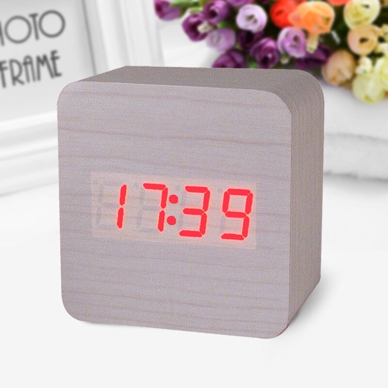 Houten led digitale wekker met stemactivering: Wit