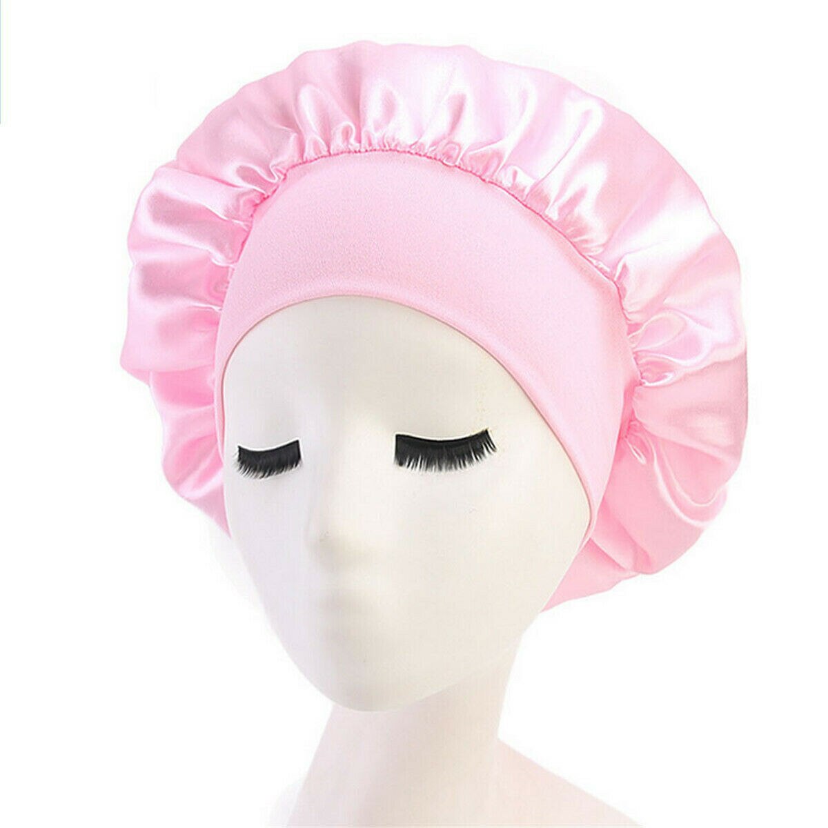 Silk Satin Night Sleep Cap Hair Bonnet Hat Head Cover Wide Band Adjust Elastic Hats For Household Fashionable Pure Supplies: Pink