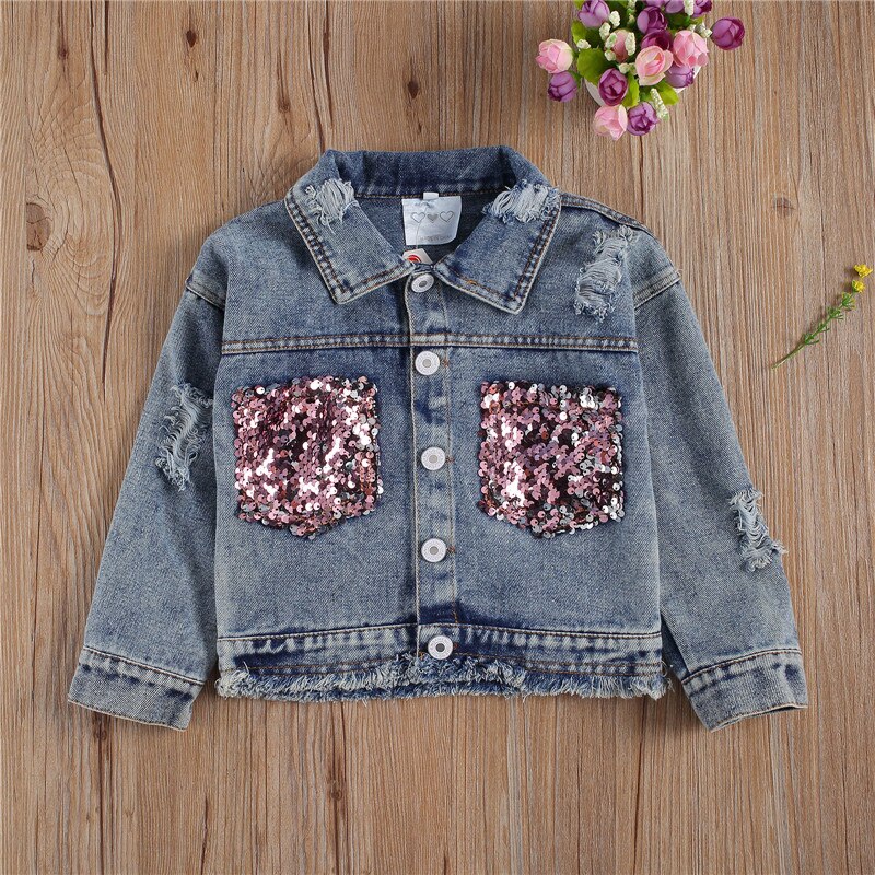 Spring Autumn Infant Kids Baby Girls Coat Sequin Leopard Ripped Hole Patchwork Jackets Tops Clothes 1-6Y