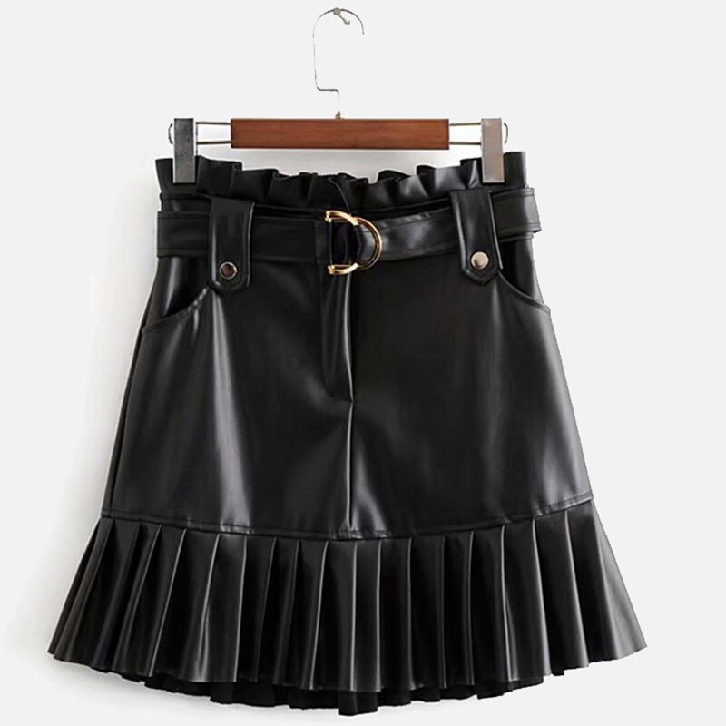 Vrouwen Leren Rok Mini Rokken Dames A-lijn Geplooide Ruches Pu Riem Zwart Hoge Taille Winter Herfst Mode Voor vrouw