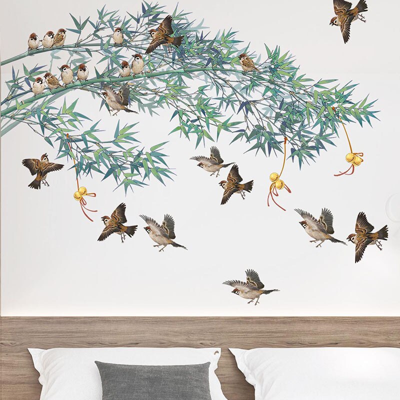 Chinese Inkt Schilderij Bamboe Vogels Muurstickers Voor Woonkamer Slaapkamer Sofa Tv Achtergrond Decor Vinyl Muurstickers Home Decor