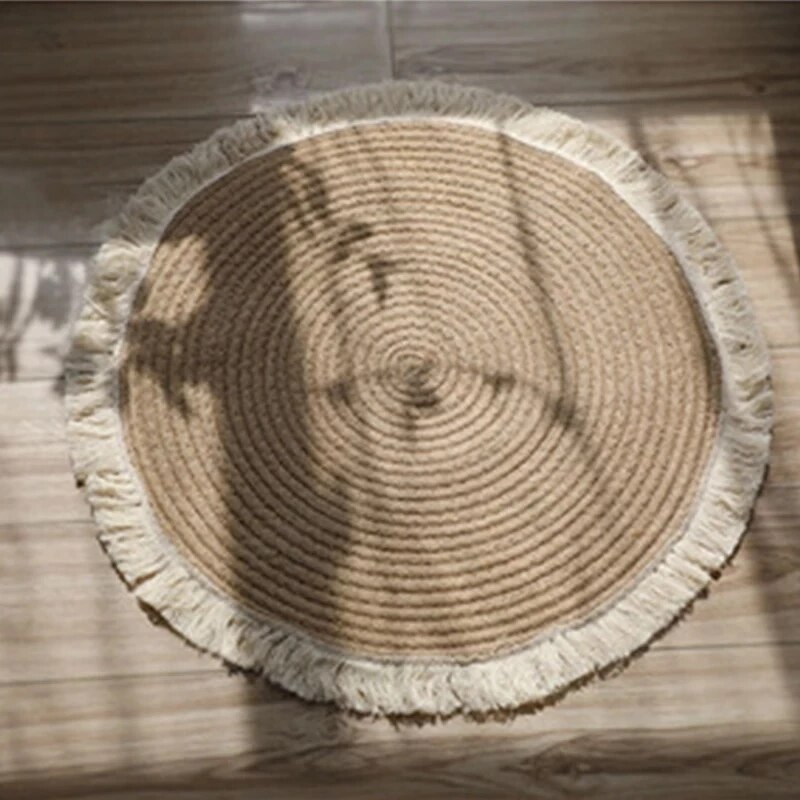 Runde jute tæpper japansk retro vævede tæpper med kvaster tæpper til stuen soveværelse sengen boligindretning vintage sofamåtter
