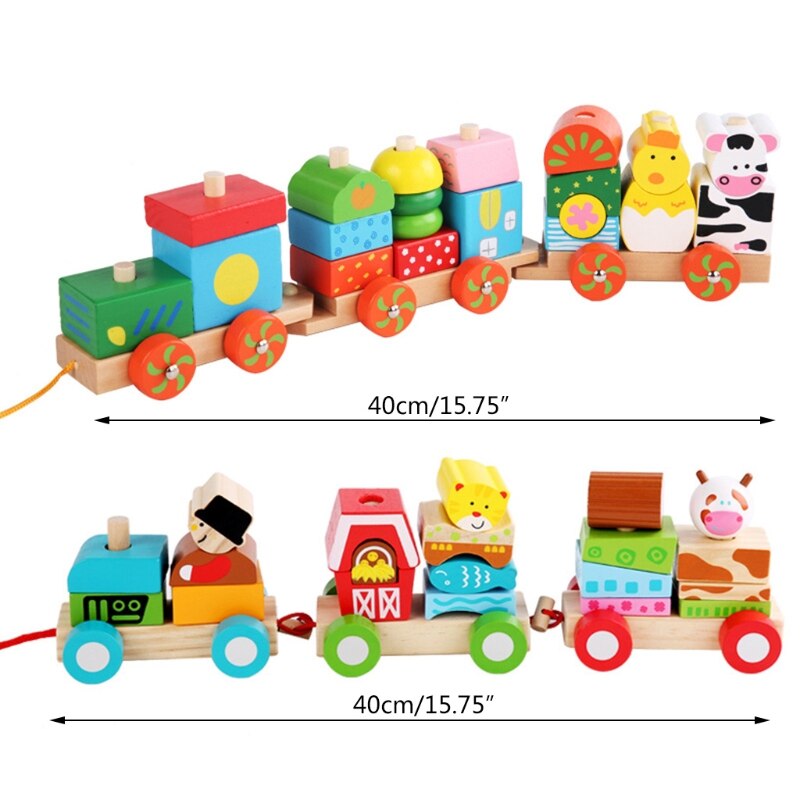 Kids Houten Pull Langs Trein Stapelen Bouwsteen Baby Vroege Educatief Speelgoed Y4UD