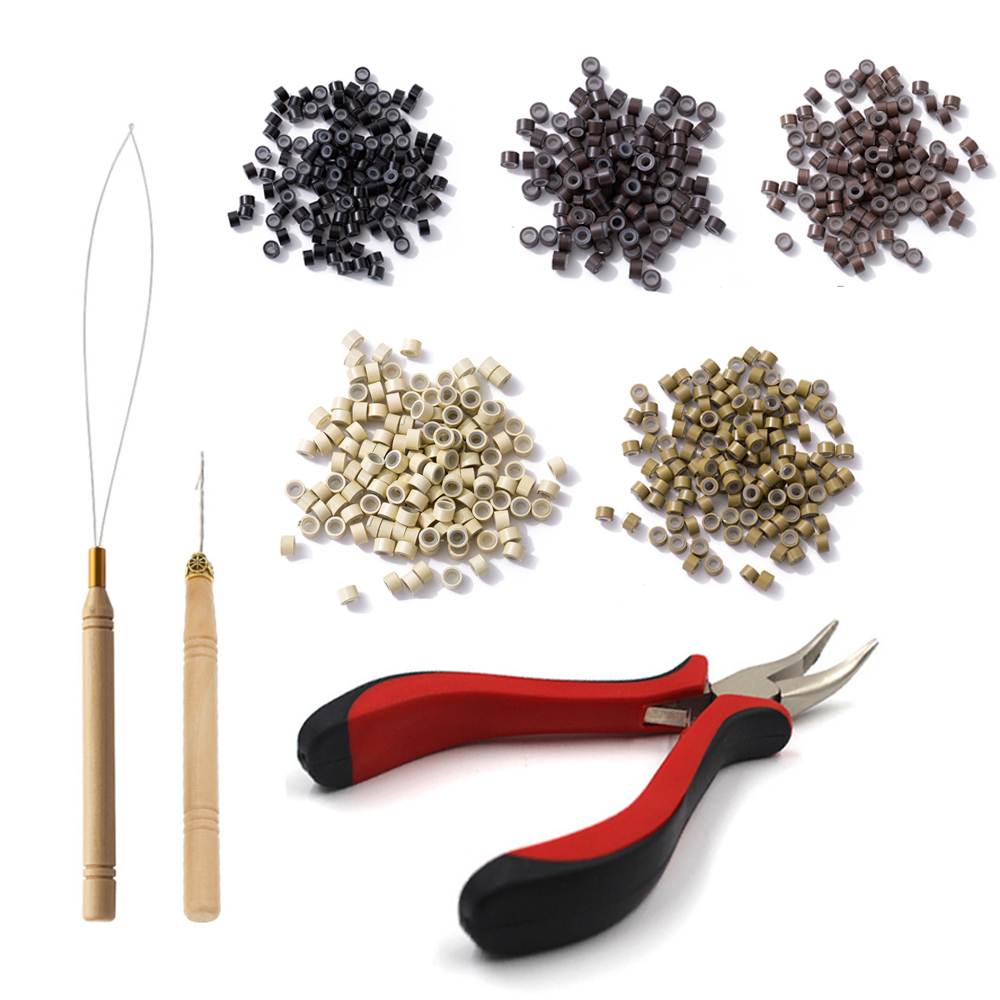 Kit de ferramentas para extensões de cabelo, 500 peças, preto, marrom escuro, marrom claro, dourado, micro anel, contas, 1 micro contas, alicate, 1 gancho, agulha puxando