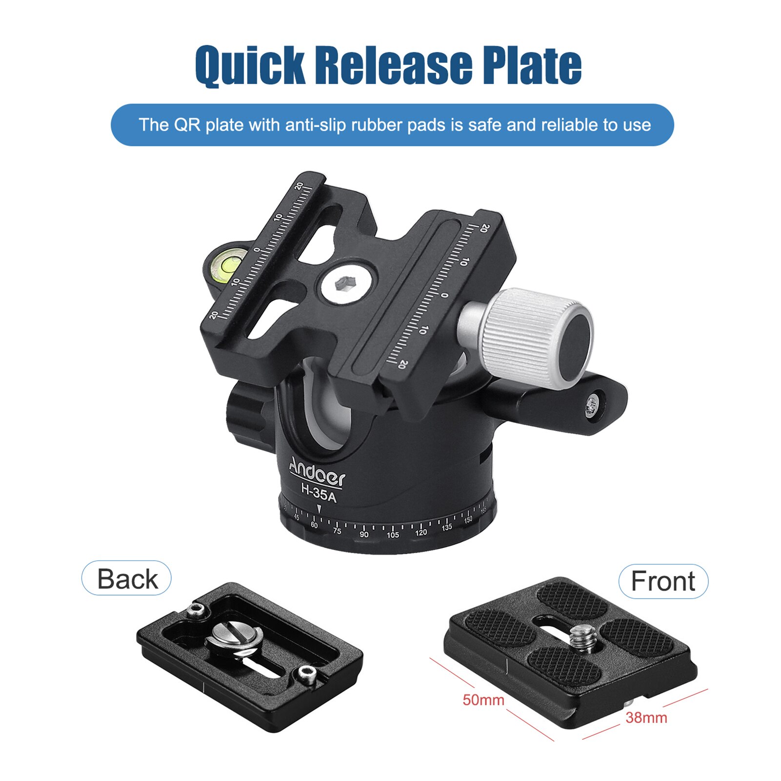 Andoer H-35A Aluminium Alloy Panorama Ballhead Tripod Mount Adapter U-Groove Low Gravity Center Ballhead Max. Load Capacity 15kg