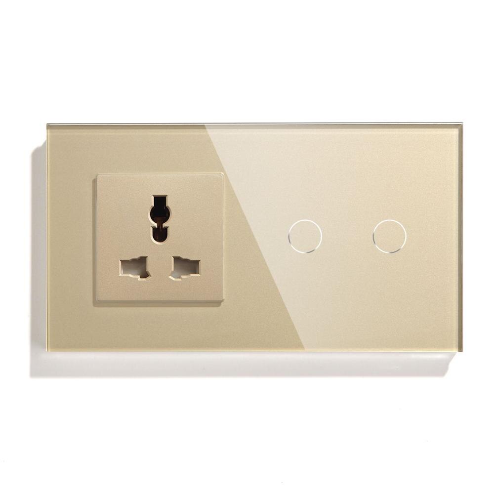 BSEED EU Touch Switch 2 Gang 1 Way 2 Way Wall Switch 157mm With Multifunction Socket Crystal Glass Panel White Black Gloden: Gloden Wall Socket / 2 Gang  1 Way