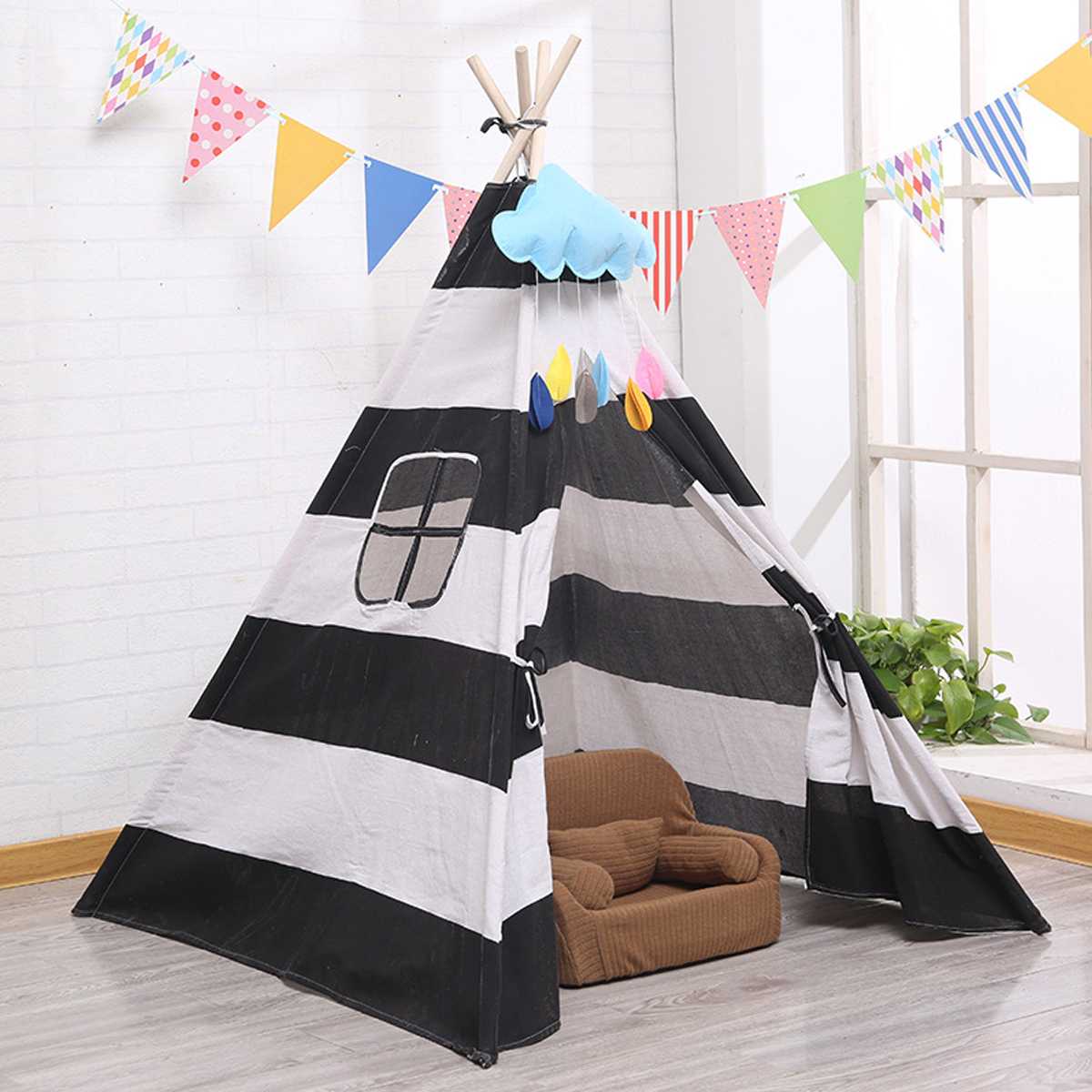 1.3M-1.6M Baby Tents Teepee Triangle Tent Kids Playhouse Cotton Canvas Pretend Play Tent Decoration Game House Boy Girls