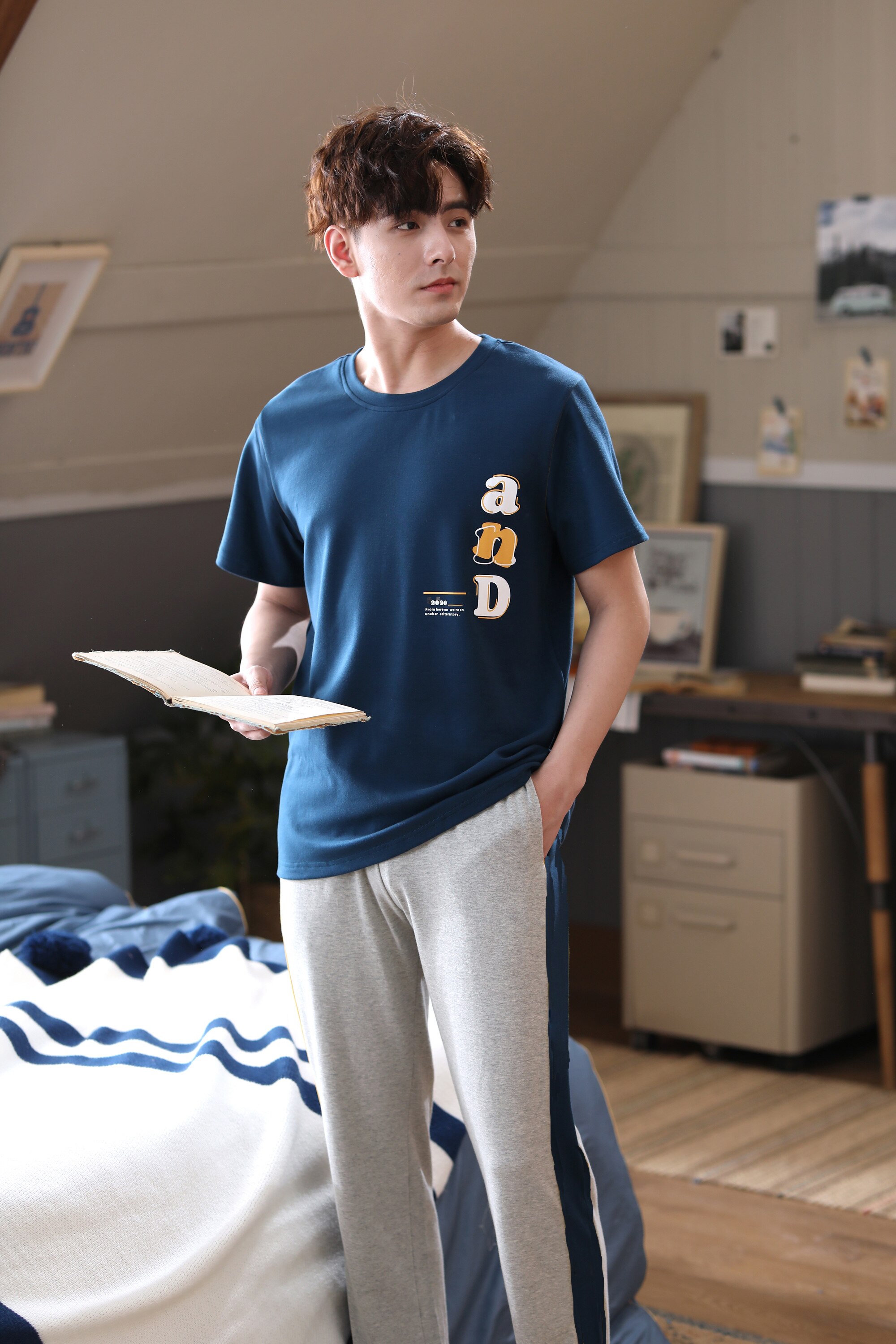 Heren pyjama met briefjes van katoen, pyjamapak, casual korte mouwen, nachtkleding, 2 stuks shirt en broek, pyjama, pyjamapak, pyjamapak, xxl