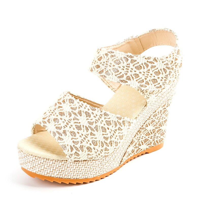 Zomer Frosted Wig Vis Mond Sandalen Vrouwen Comfortabele Hoge Hak Platform Platform Open Teen Schoenen: Beige / 7.5