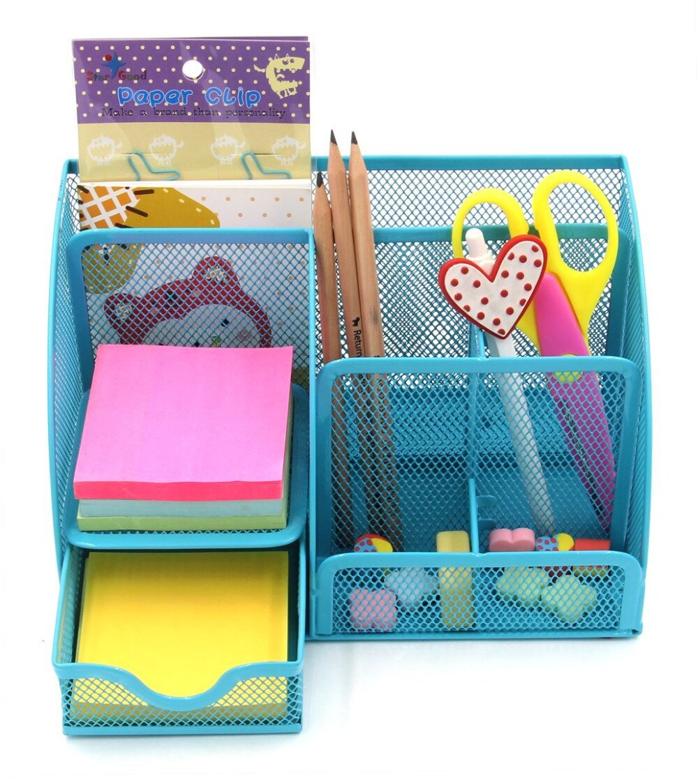 Office Supplies Mesh Desk Organizer Desktop Pencil Holder Accessories Caddy with Drawer, 7 Compartments, Blue