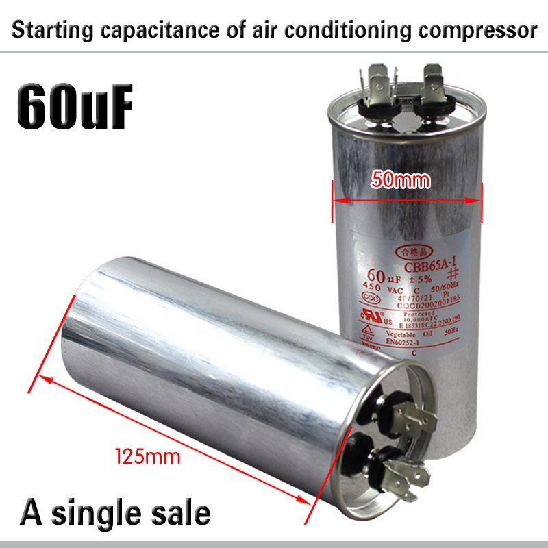 Kompressor klimaanlæg klimaanlæg kondensator 20/25/30/35/45/50 / 75uf /  cbb 65 start kondensator 450v: 60uf