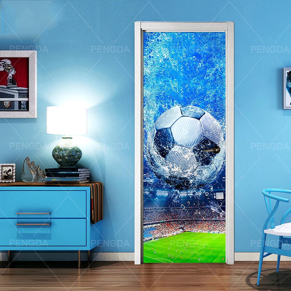 Home Decoratie Plakken Zelfklevende 3D Muursticker Voetbal Print Art Kleur Bricks Trekken Deur Waterdicht Behang Foto 'S