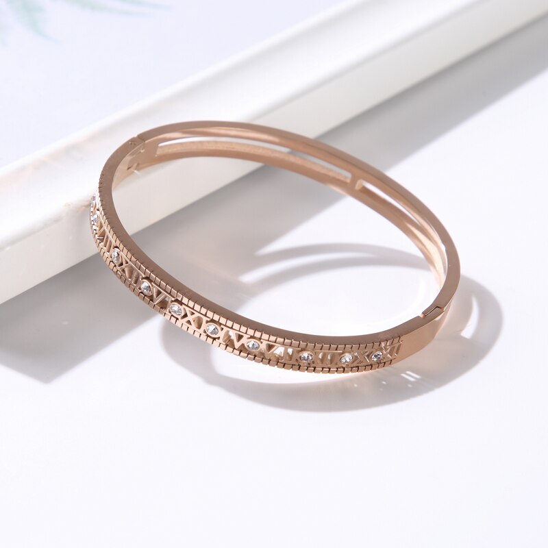 Luxury Hollow Roman Numerals Letter Stainless Steel Bangles For Women CZ Crystal Rinestone Women&#39;s Bracelet Jewelry Girl: Rose Color