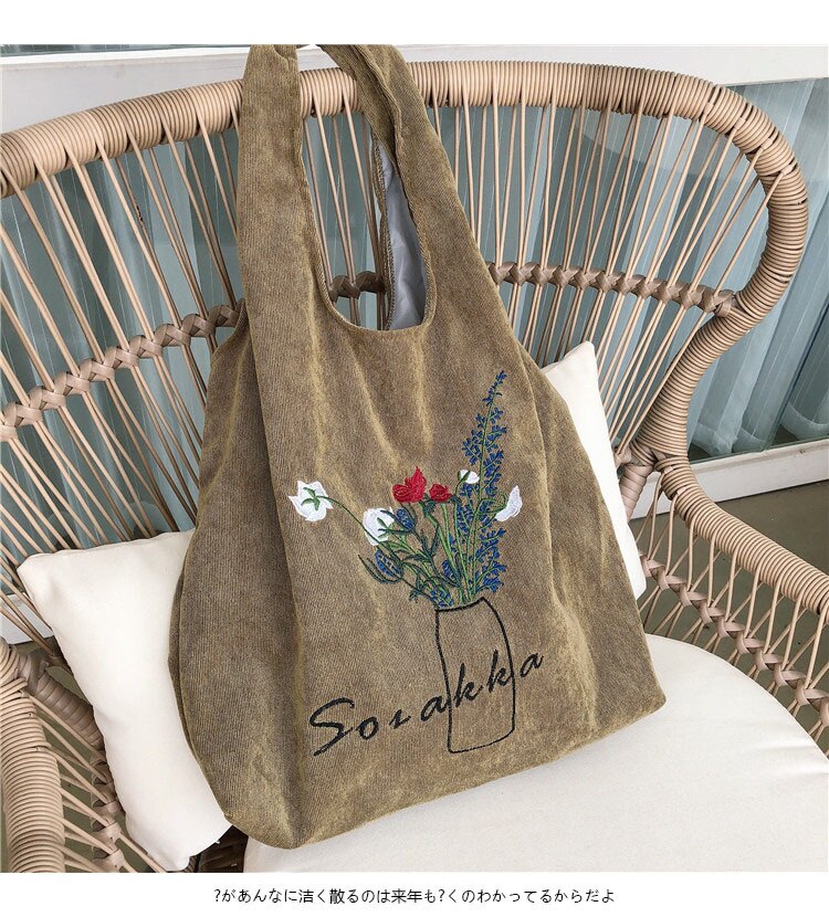 Vrouwen Borduren Canvas Boodschappentassen Dame Corduroy Schoudertas Grote Capaciteit Eco Katoenen Doek Handtas Tote