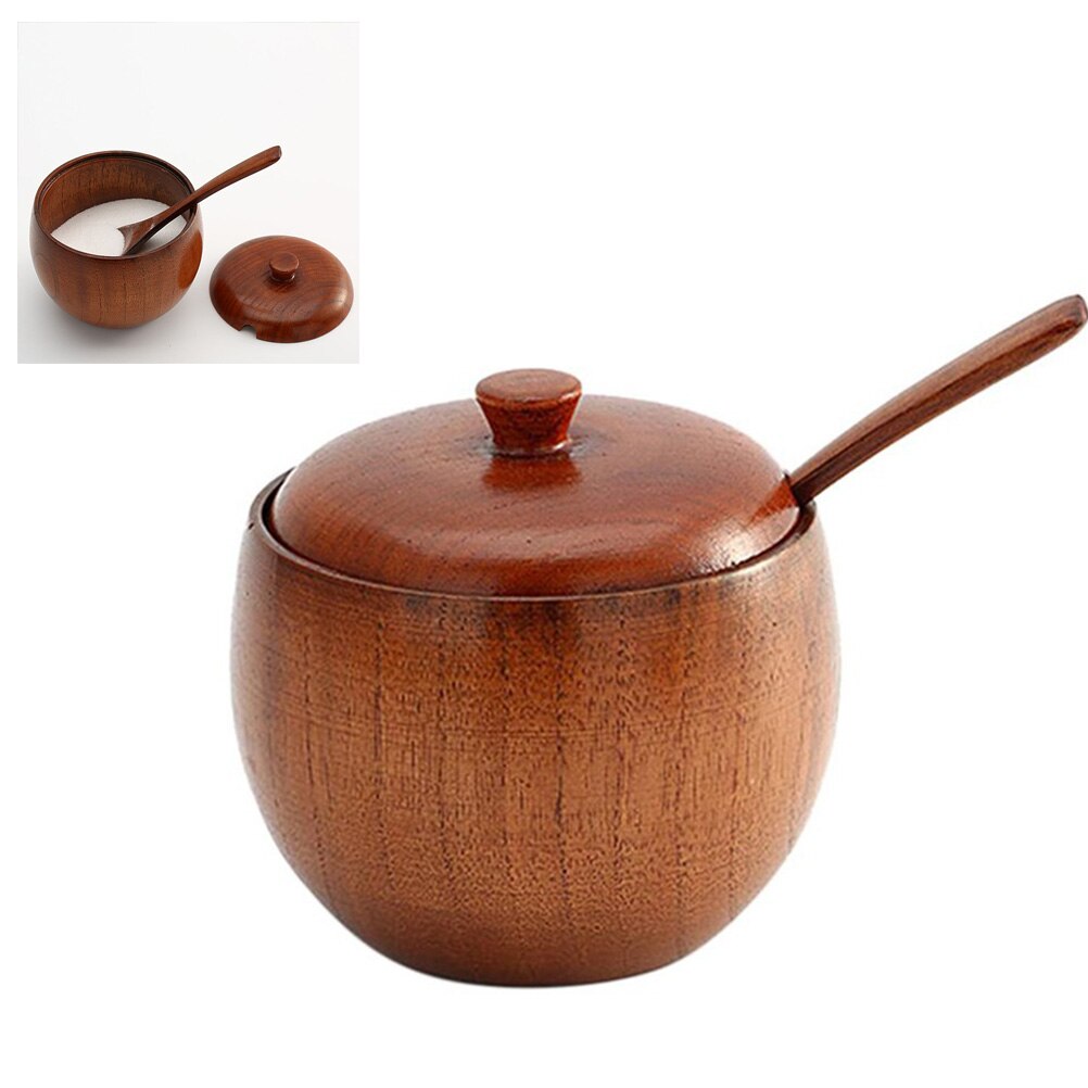 1 Set Wood Seasoning Salt Cans Pot Dish Suits The Kitchen Seasoning Box Salt Pepper Shakers Salt Pigs Wooden Sause Pot