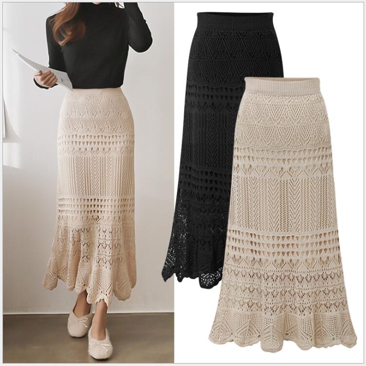 Jupes longues tricotées ajourées pour femme, Version élégante, tailles S à 5XL et 6XL, collection automne et hiver