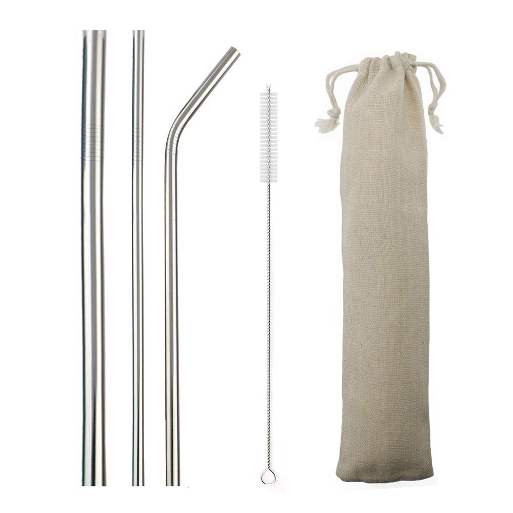 Multi 5-Pcs Eco Friendly Reusable Straws Set 304 Stainless Steel Straw Metal Smoothies Drinking Straws Set with Brush Pouch Bag: Silver