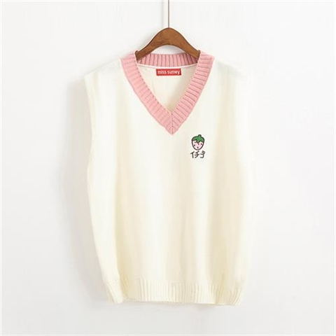 Pull gilet femmes sans manches à la col en v étudiant broderie Patchwork tout-match populaire Feminino Simple doux tricot Kawaii: rosy / S