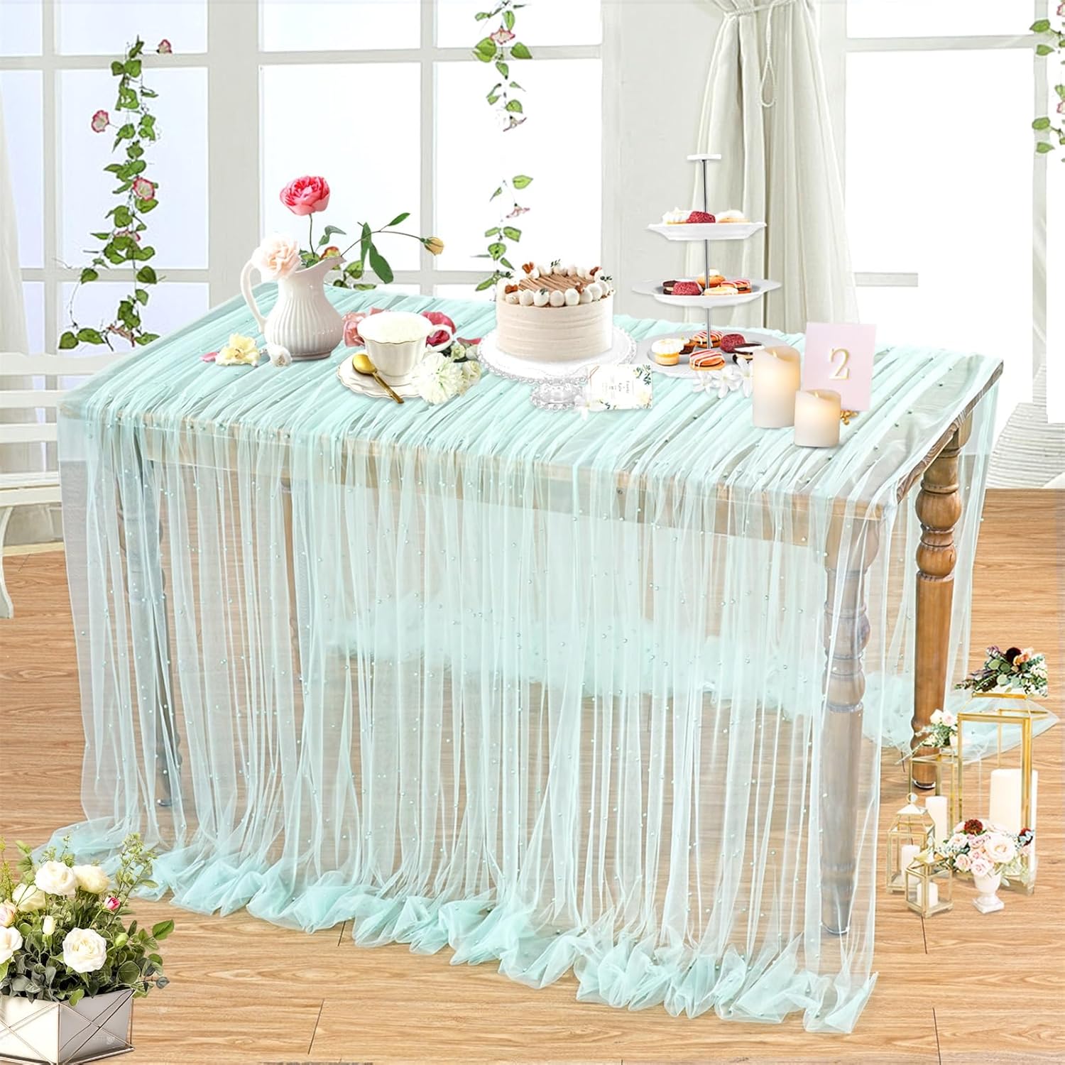 Pearl Table Cloth Wedding Table Runner Decor Tulle Fabric Lace Table Runner for Birthday Party Wedding Arch Veil Decorations: 34*240cm / PURPLE