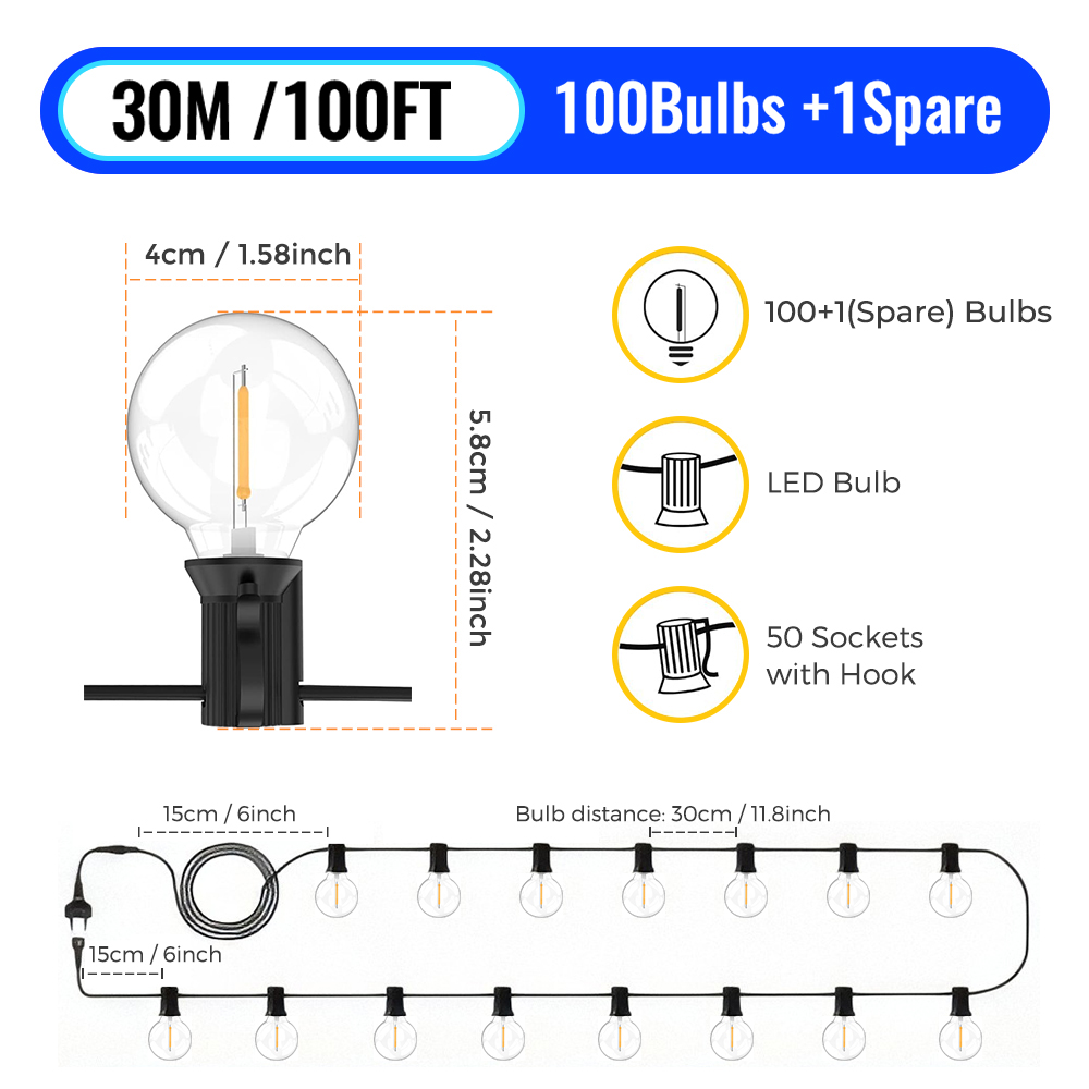 Guirnalda de luces LED tipo globo G40 de 30M para exteriores, bombillas de plástico IP65, guirnalda de balcón, lámparas de hadas para decoración de bodas, fiestas de Navidad: RGB