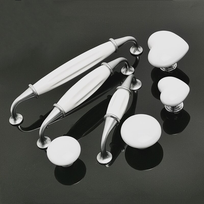 Silver White Ceramic Cabinet Handles Zinc Alloy Drawer knobs Wardrobe Door Handle Simple European Pulls Furniture Hardware