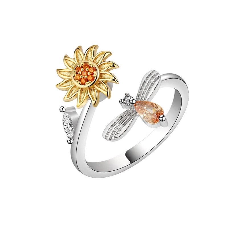 Fidget Spinner Ring Zirconia Angst Ring Zonnebloem Draaibare Verstelbare Open Vrede Ringen Verlichten Zorgen Stress