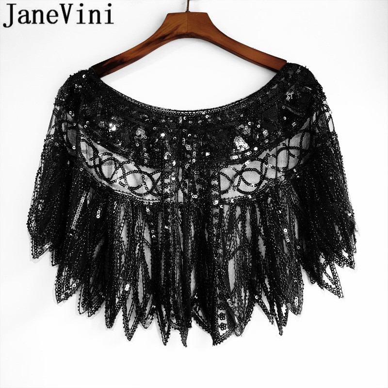 JaneVini, capa de lentejuelas ostentosas y ostentosas para mujer, estolas nupciales con cuentas para boda, chaqueta negra dorada, vestido de noche para , Boleros, tapetes