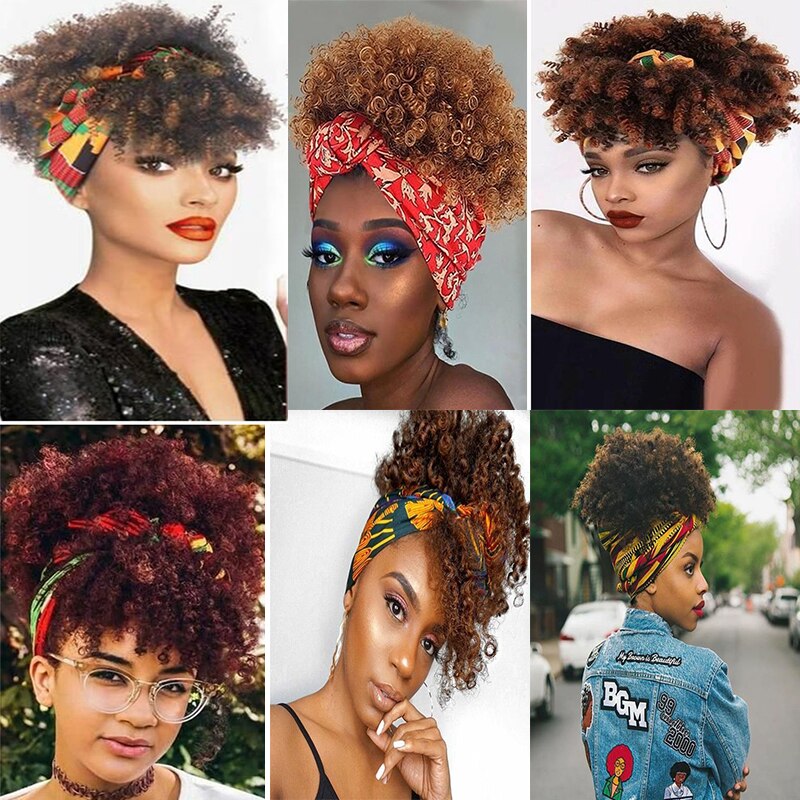 Korte Afro Kinky Krullend Tulband Wrap Pruiken Voor Zwarte Vrouwen Ombre Trekkoord Hoofdband Pruik 10 "Afro Bladerdeeg Haarband Pruik gember Blonde